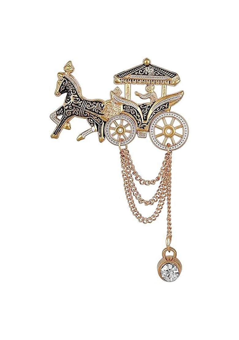 Men Stone Studded Horse Chariot Shaped Layered Chain Brooch