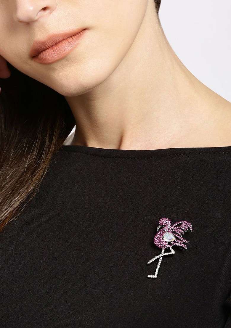 Women Silver Plated Pink White Stone Studded Bird Brooch - Indya