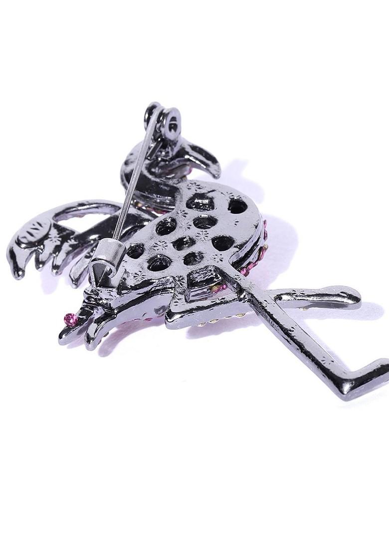 Women Silver Plated Pink White Stone Studded Bird Brooch