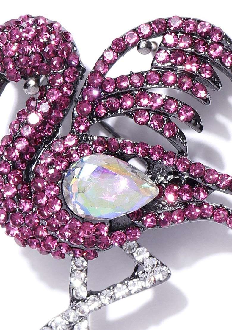 Women Silver Plated Pink White Stone Studded Bird Brooch - Indya