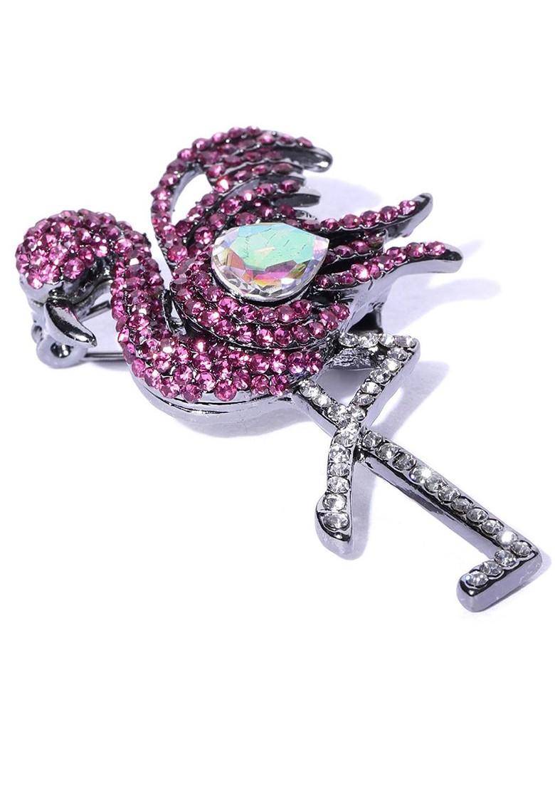 Women Silver Plated Pink White Stone Studded Bird Brooch