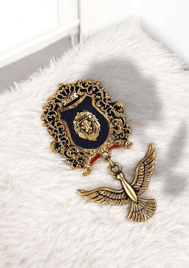 Lion Face With Bird Shaped Brooch - Indya