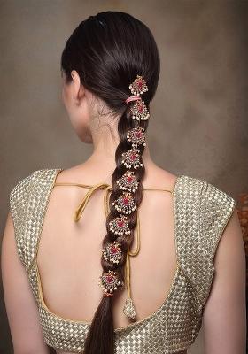 Set Of 9 Gold Plated Red Crystal Studded Choti Hair Brooch