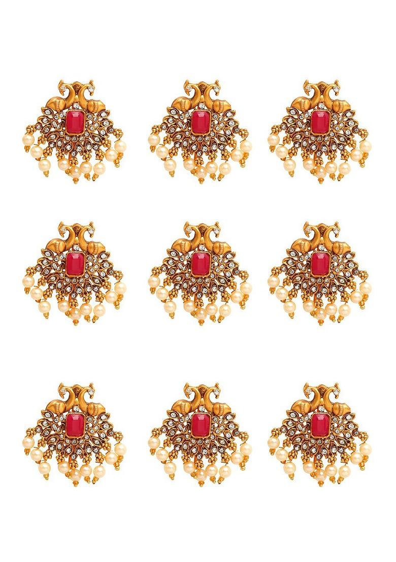 Set Of 9 Gold Plated Red Crystal Studded Choti Hair Brooch