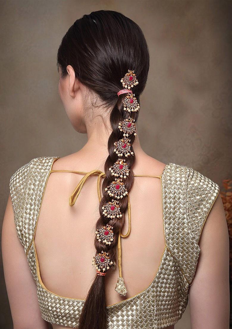 Set Of 9 Gold Plated Red Crystal Studded Choti Hair Brooch