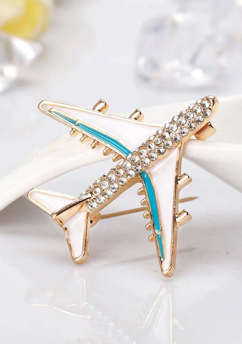 Women Crystal Rhinestone Studded Aircraft Pin Brooch - Indya