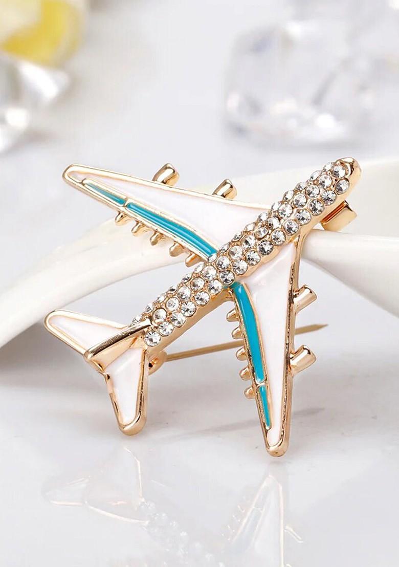 Women Crystal Rhinestone Studded Aircraft Pin Brooch