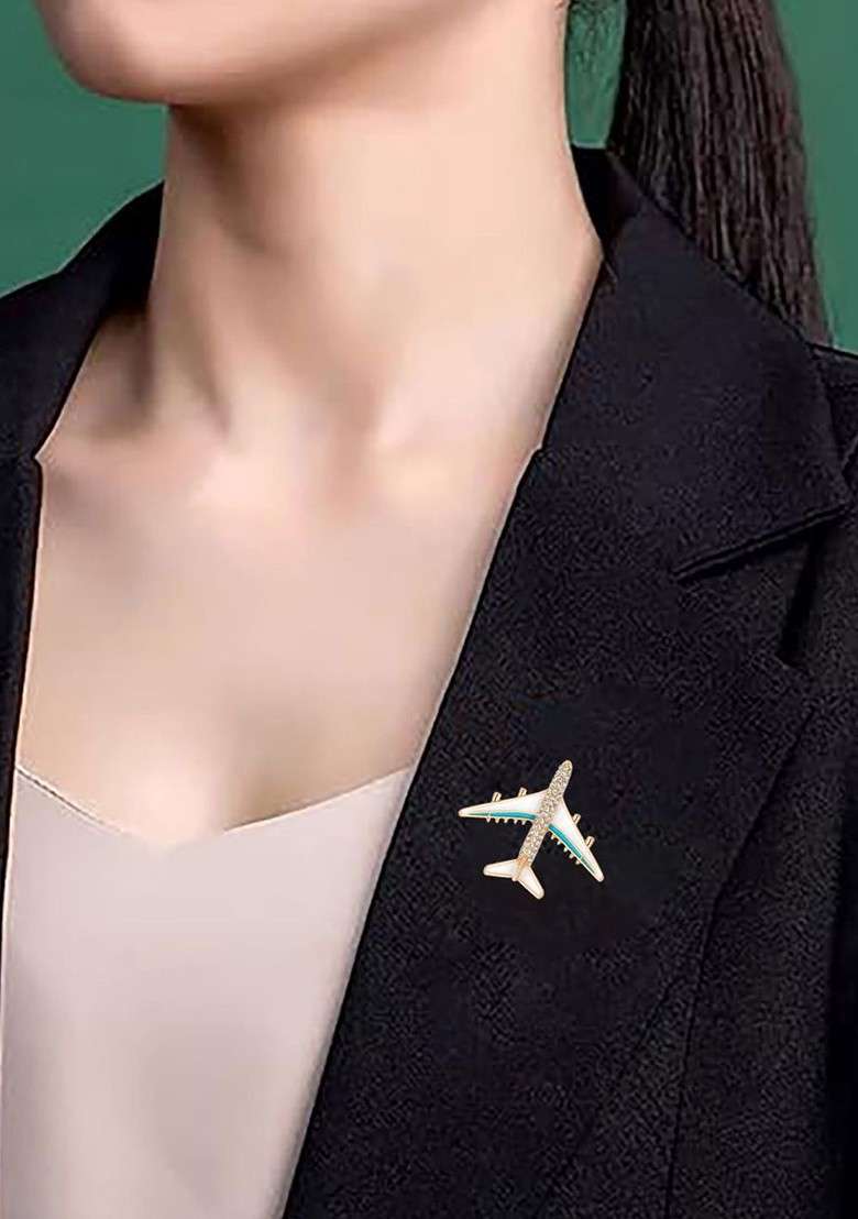 Women Crystal Rhinestone Studded Aircraft Pin Brooch - Indya