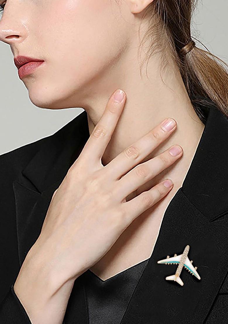 Women Crystal Rhinestone Studded Aircraft Pin Brooch