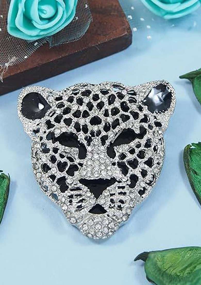 Men Rhinestone Studded Lion Cub Face Shaped Brooch - Indya