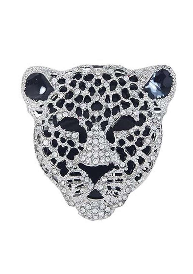 Men Rhinestone Studded Lion Cub Face Shaped Brooch - Indya