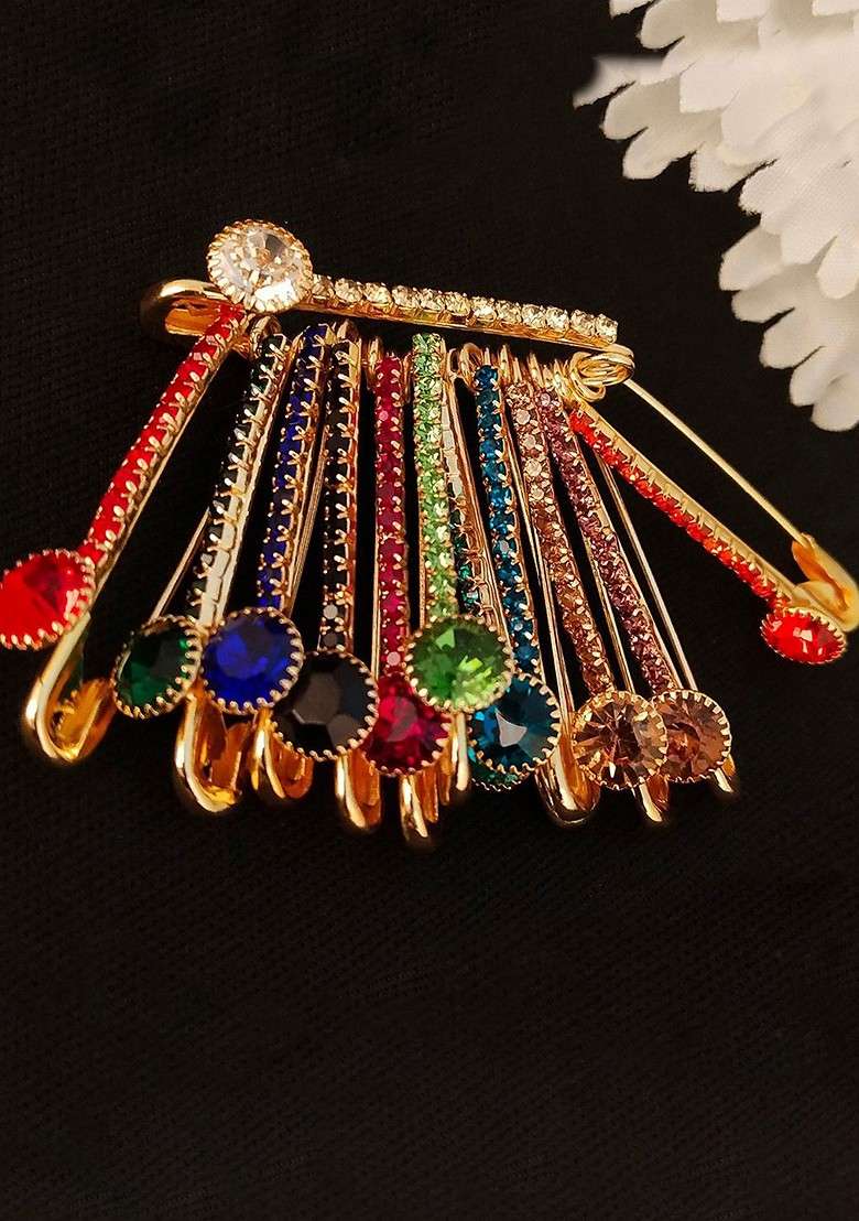 12 Pcs Gold Plated Multicolor Rhinestone Safety Saree Pleats Pin Brooch - Indya
