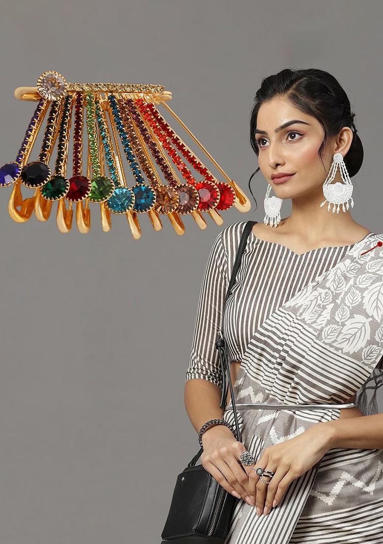 12 Pcs Gold Plated Multicolor Rhinestone Safety Saree Pleats Pin Brooch