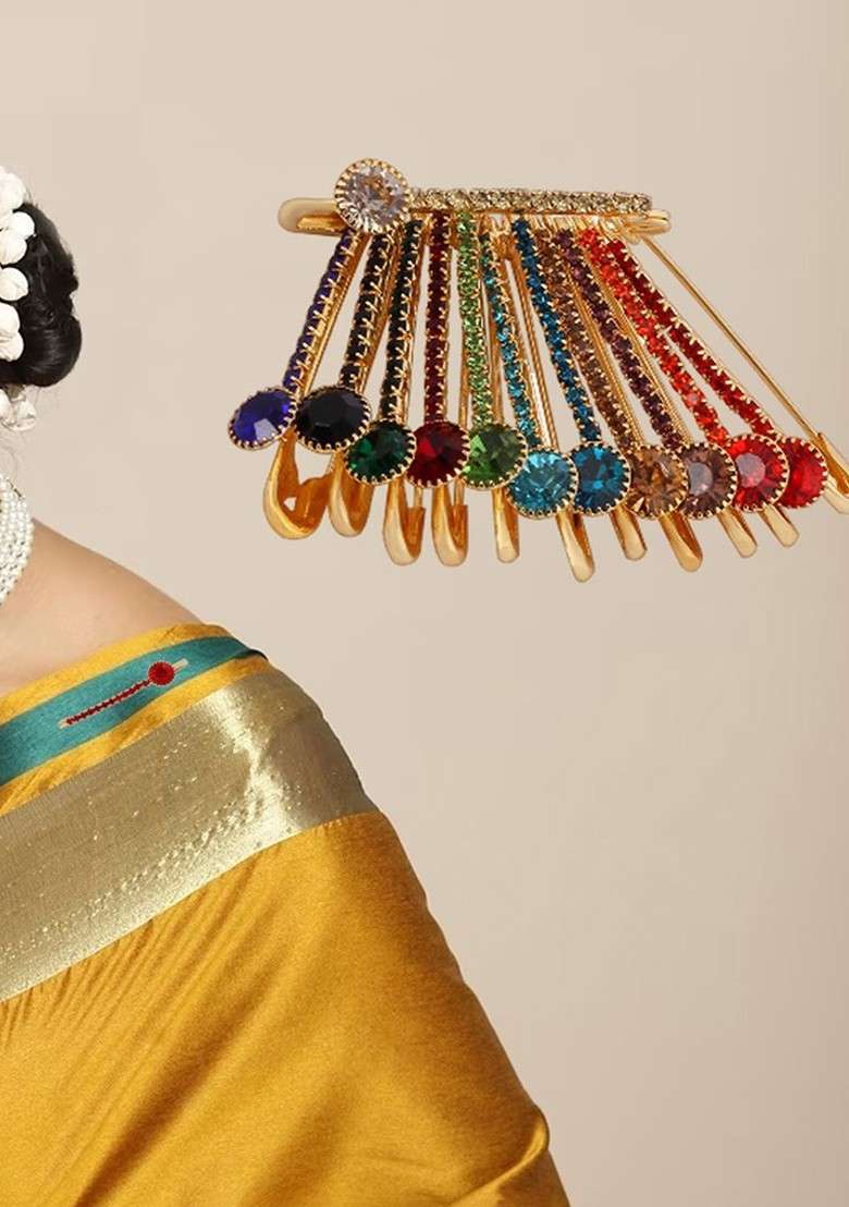 12 Pcs Gold Plated Multicolor Rhinestone Safety Saree Pleats Pin Brooch - Indya