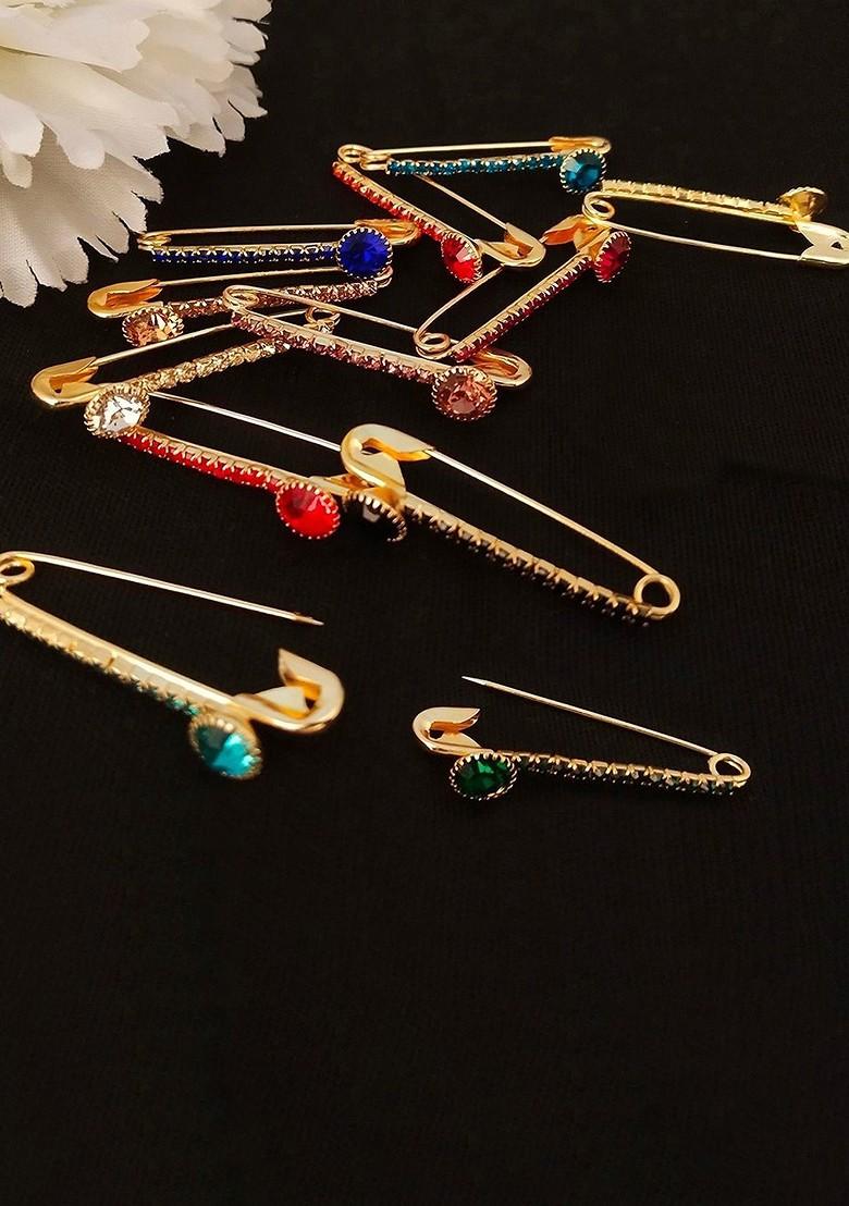 12 Pcs Gold Plated Multicolor Rhinestone Safety Saree Pleats Pin Brooch