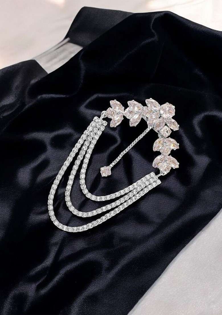 Cubic Zirconia Studded Indowestern Lapel Pin Brooch - Indya