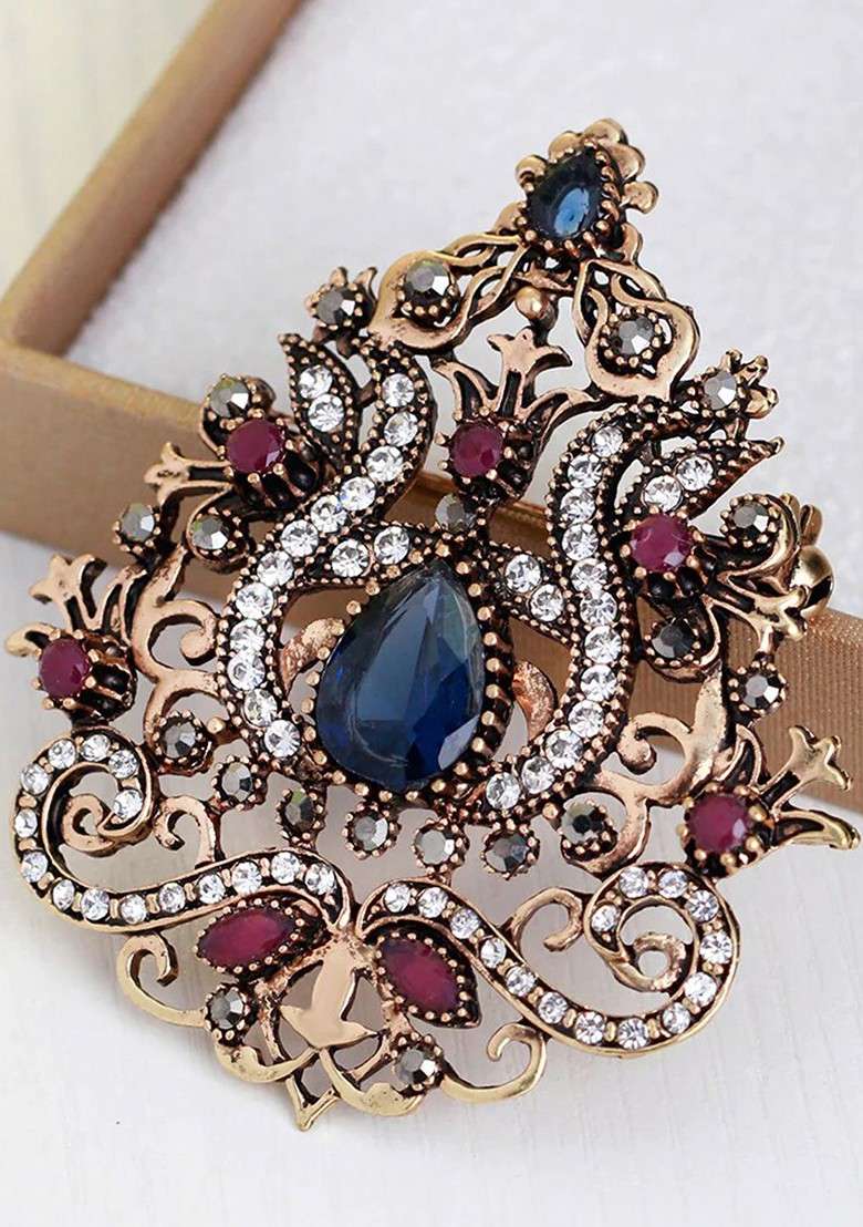 Women Crystal Studded Crown Style Lapel Pin - Indya