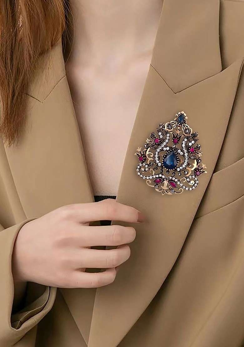 Women Crystal Studded Crown Style Lapel Pin - Indya
