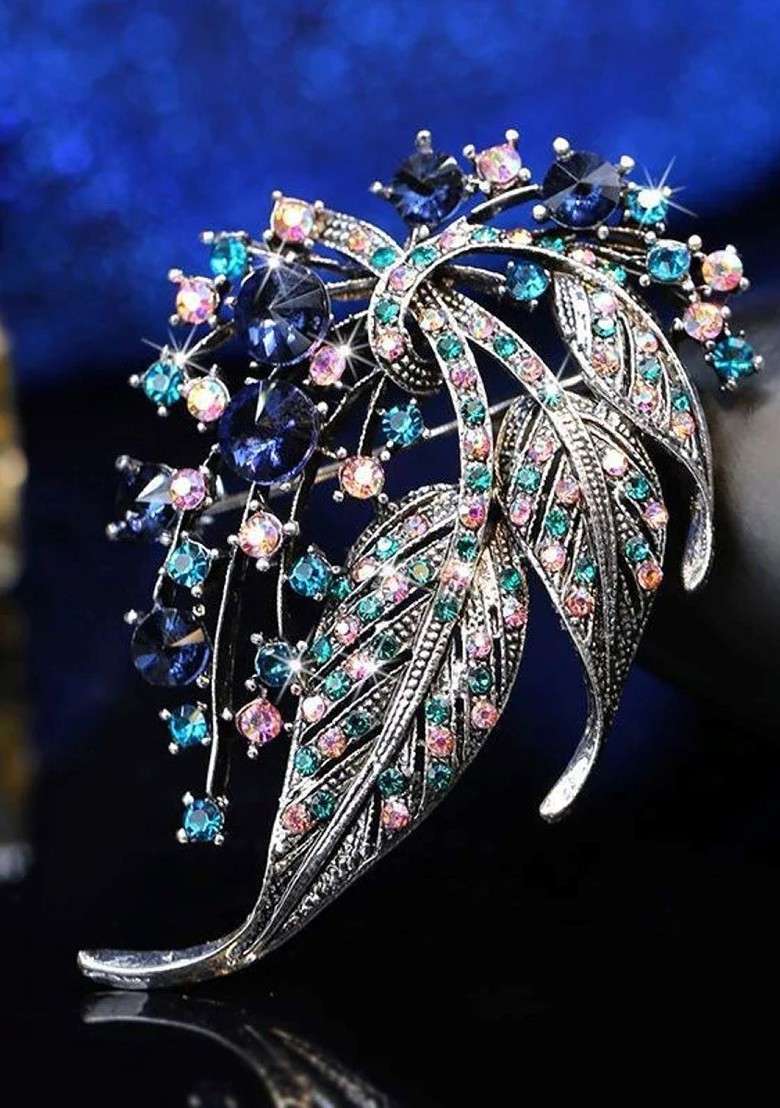 Women Silver Toned Embellished Leaf Brooch - Indya
