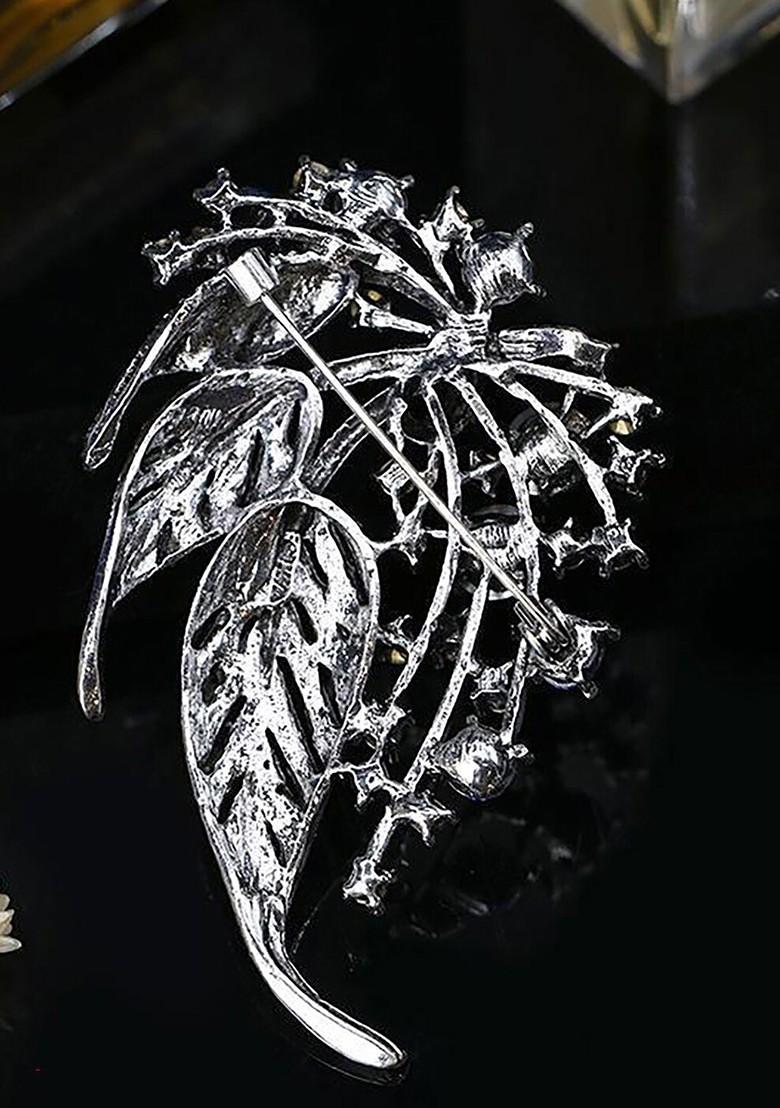 Women Silver Toned Embellished Leaf Brooch