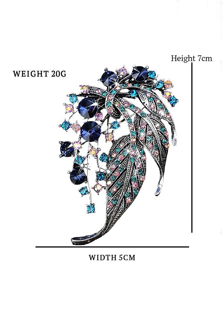 Women Silver Toned Embellished Leaf Brooch - Indya