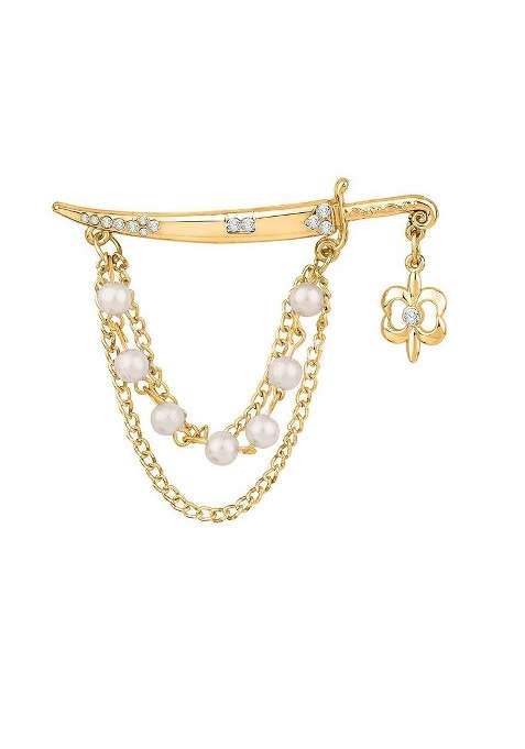 Men Studded Pearl Sword Shape Tripple Layer Chain Brooch