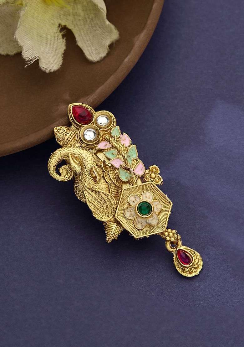 Gold Plated Artificial Stone Studded Meenakari Brooch - Indya