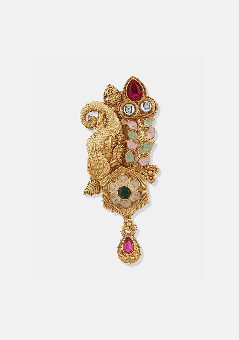 Gold Plated Artificial Stone Studded Meenakari Brooch - Indya