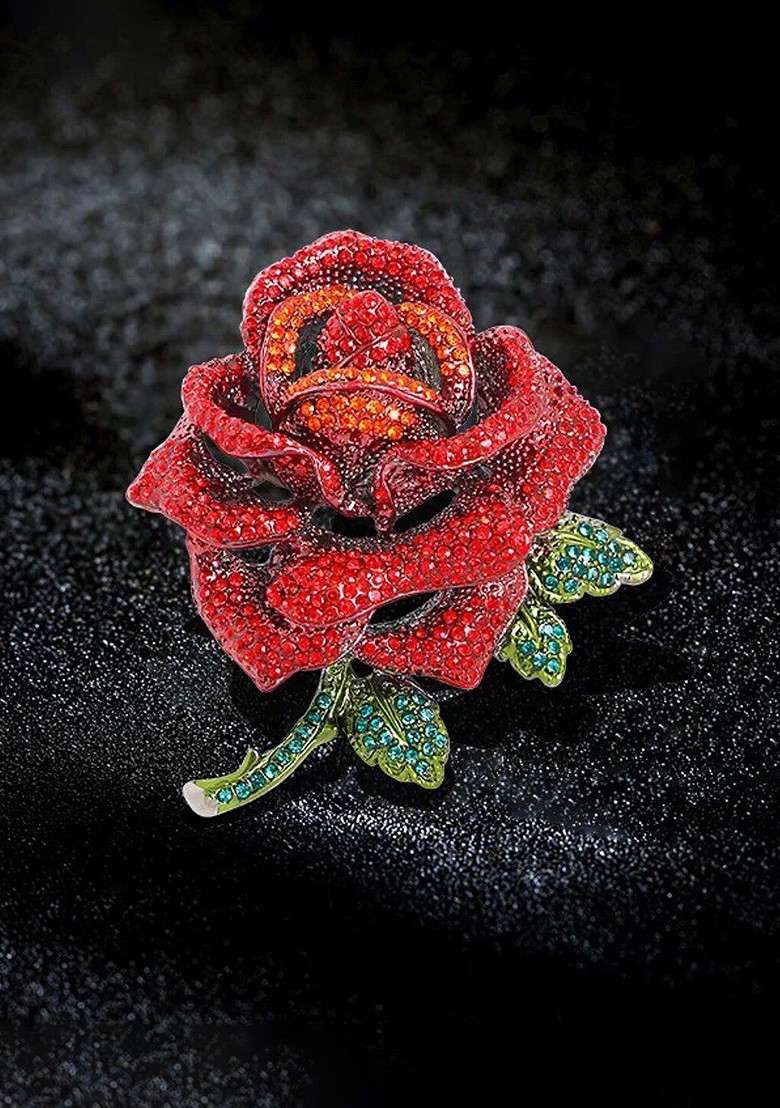 Women Rose Shaped Embellished Brooch - Indya