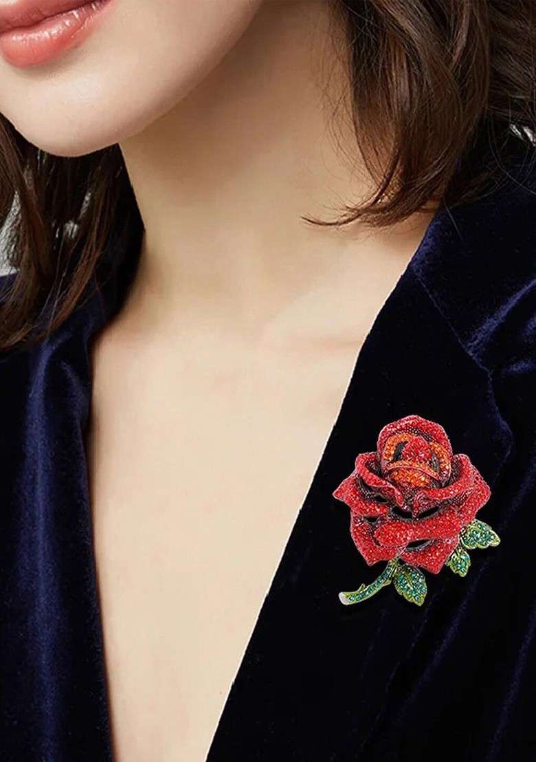 Women Rose Shaped Embellished Brooch - Indya