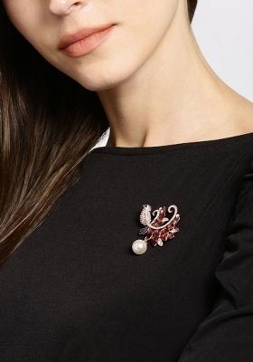 Women Rose Gold Toned Brown Stones Beads Embellished Bird Brooch