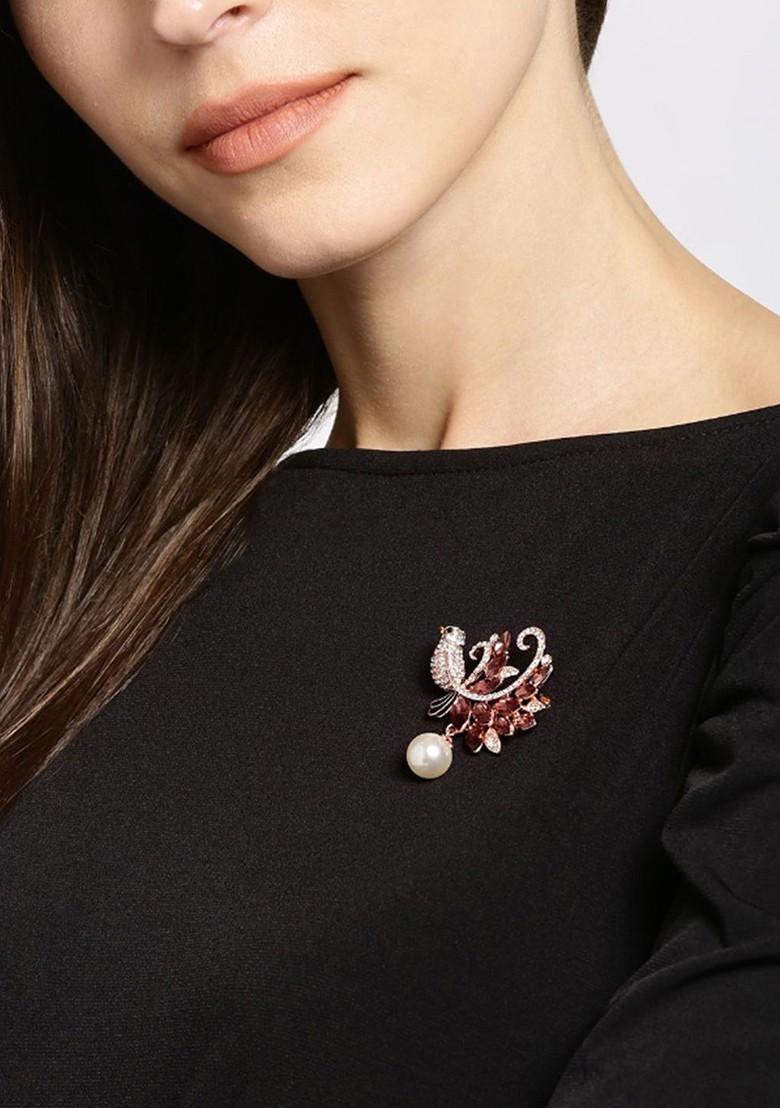 Women Rose Gold Toned Brown Stones Beads Embellished Bird Brooch