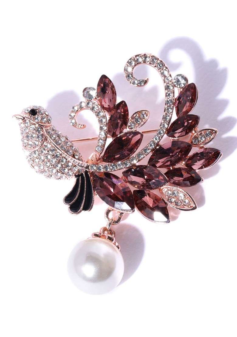 Women Rose Gold Toned Brown Stones Beads Embellished Bird Brooch - Indya