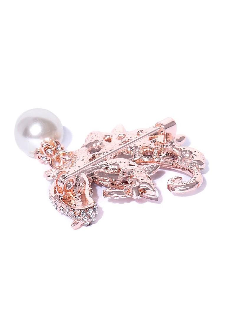 Women Rose Gold Toned Brown Stones Beads Embellished Bird Brooch