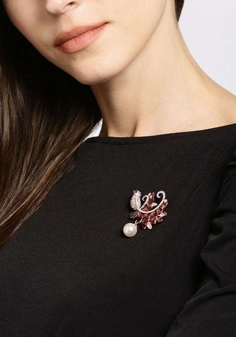 Women Rose Gold Toned Brown Stones Beads Embellished Bird Brooch