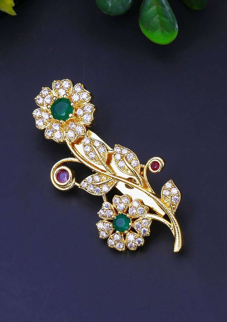 Gold Plated White Green Ad Studded Saree Pin Brooch - Indya
