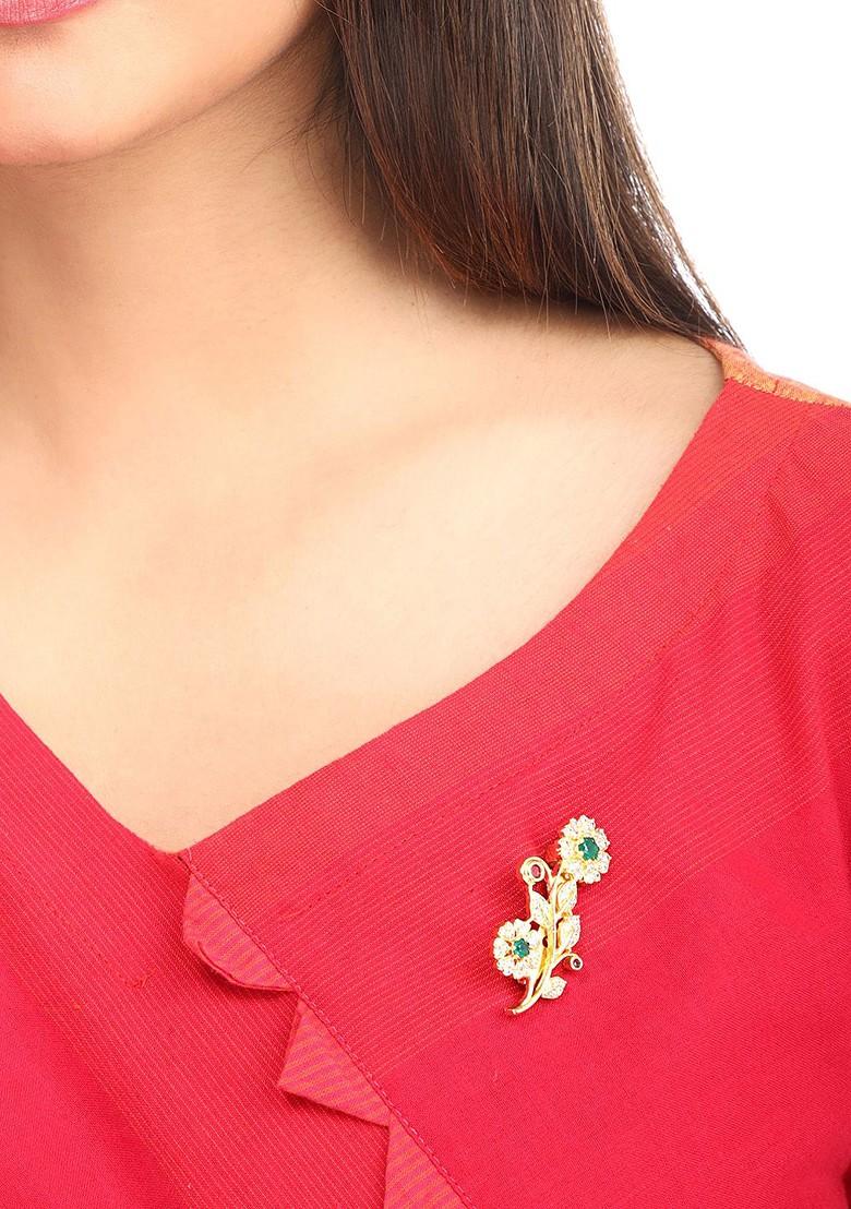 Gold Plated White Green Ad Studded Saree Pin Brooch