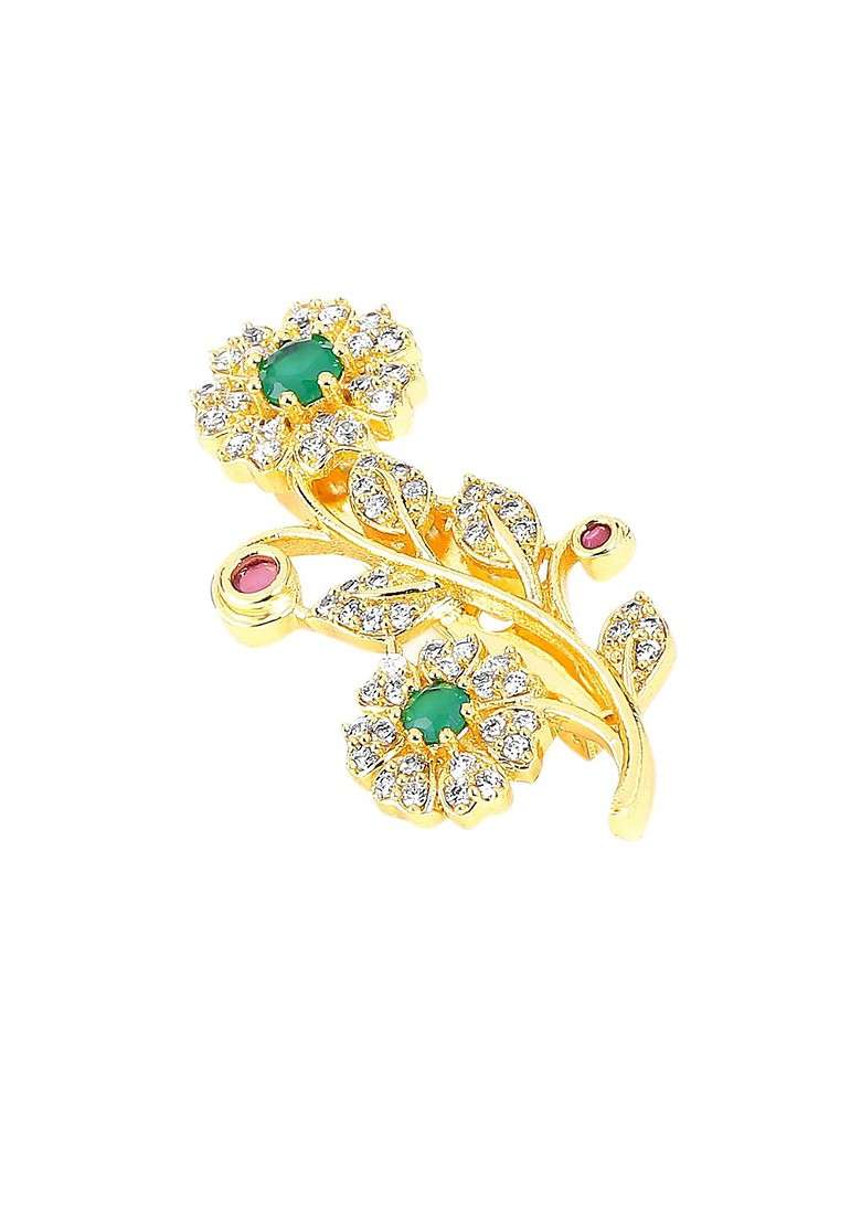 Gold Plated White Green Ad Studded Saree Pin Brooch - Indya
