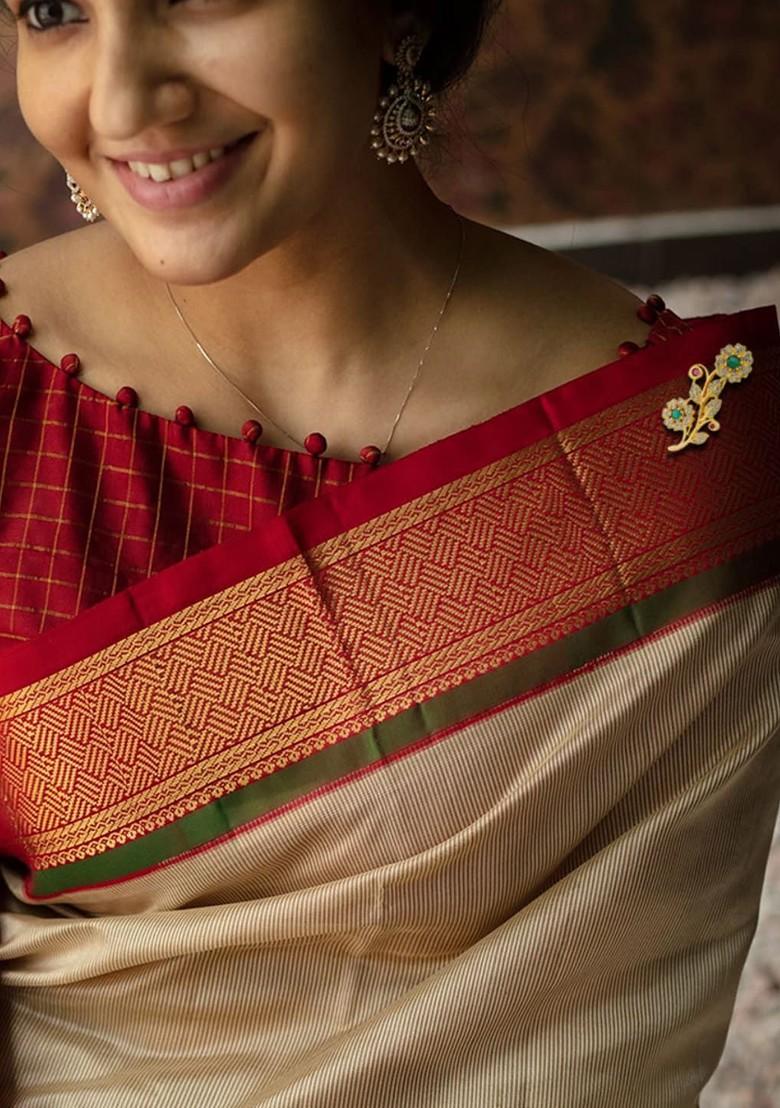 Gold Plated White Green Ad Studded Saree Pin Brooch