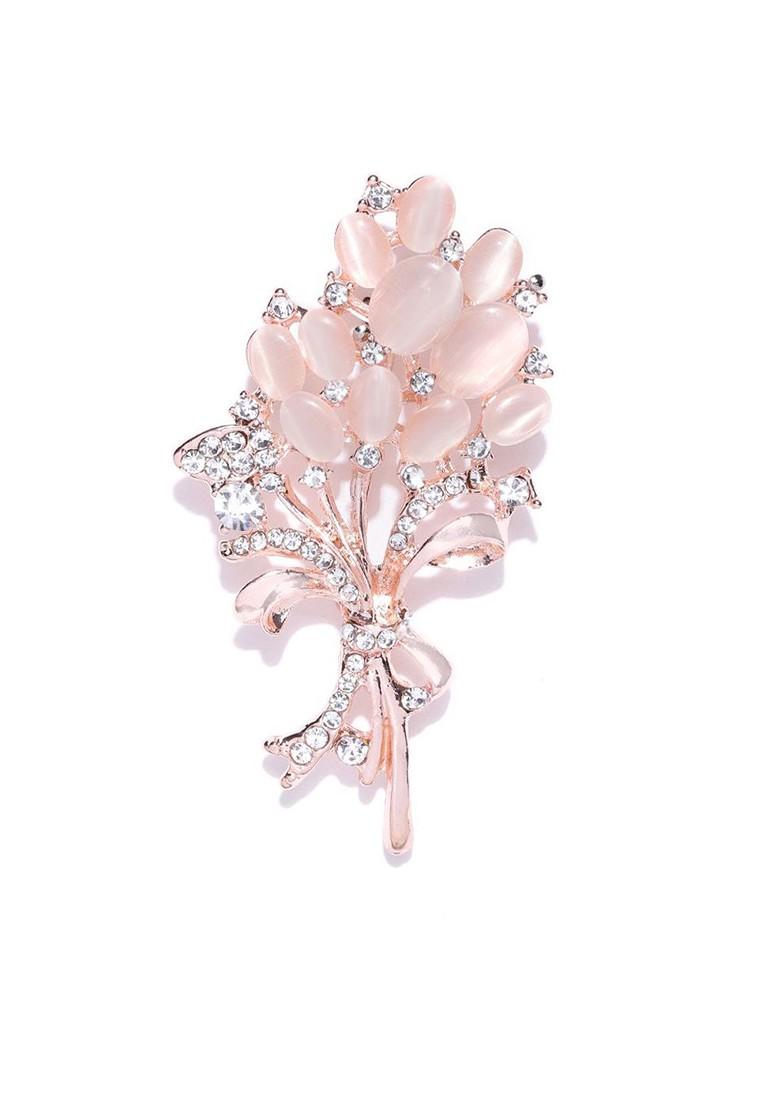 Women Peach Toned White Crystal Floral Brooch