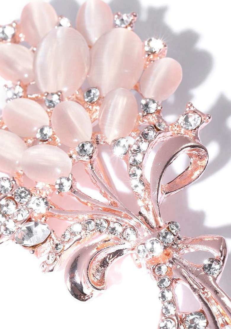 Women Peach Toned White Crystal Floral Brooch - Indya