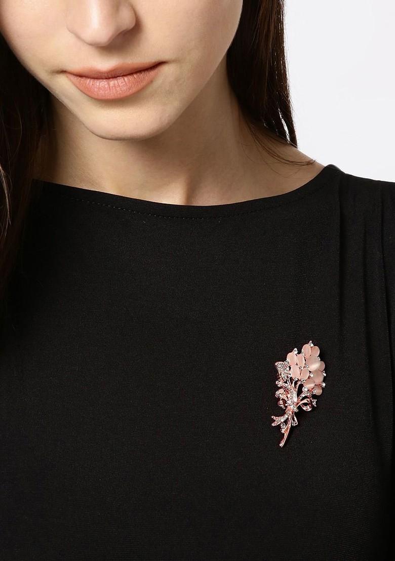 Women Peach Toned White Crystal Floral Brooch