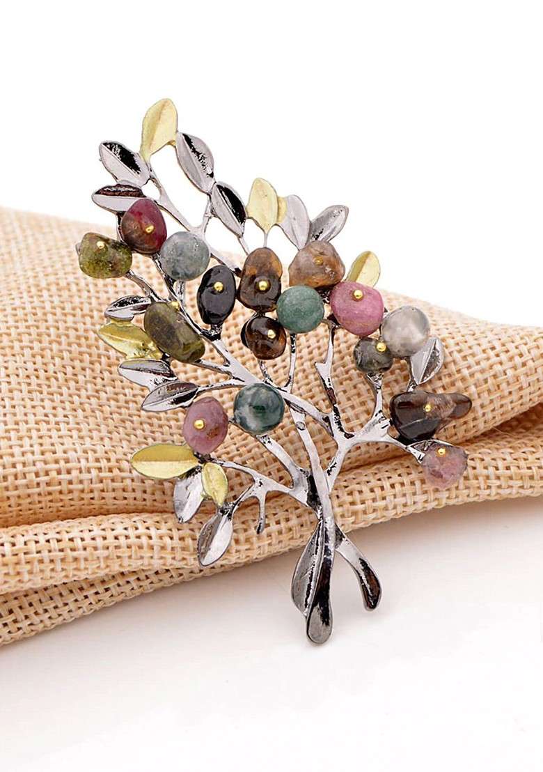 Women Green Gunmetal Toned Stone Studded Beaded Branch Shaped Statement Brooch - Indya