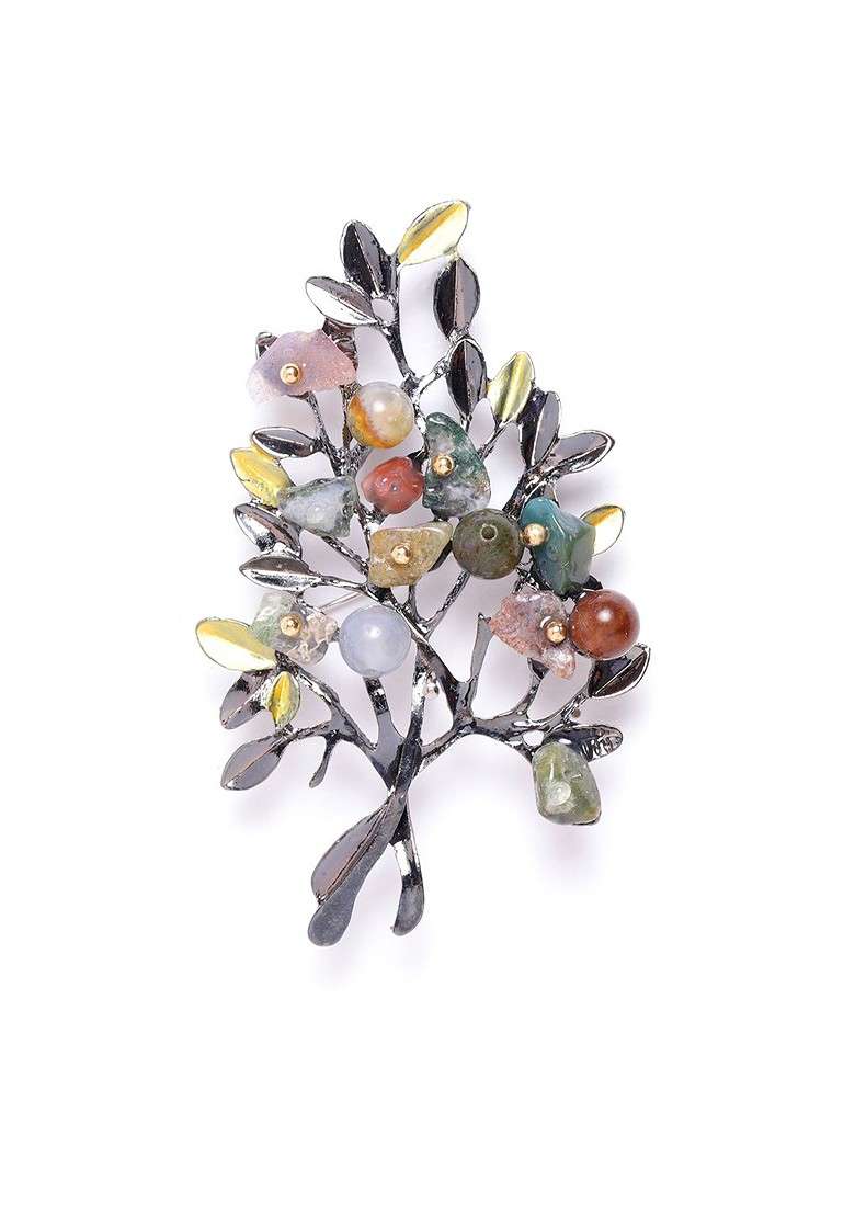 Women Green Gunmetal Toned Stone Studded Beaded Branch Shaped Statement Brooch - Indya