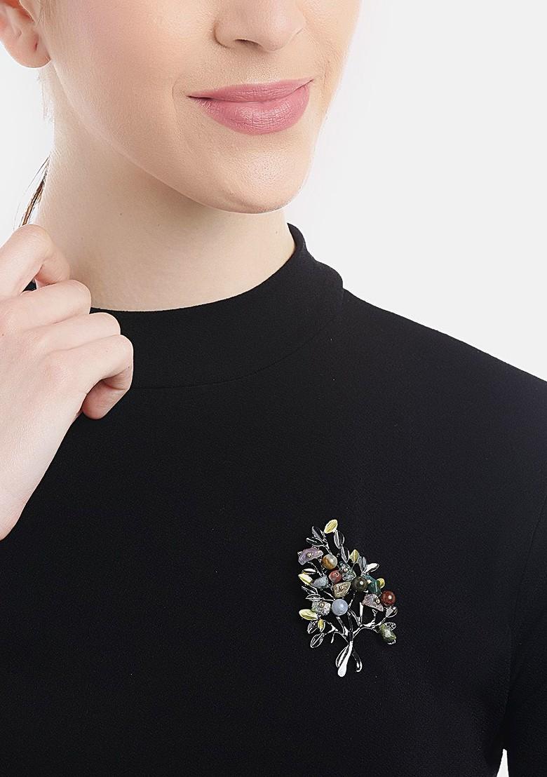 Women Green Gunmetal Toned Stone Studded Beaded Branch Shaped Statement Brooch