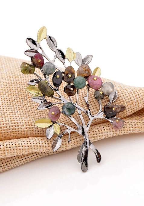 Women Green Gunmetal Toned Stone Studded Beaded Branch Shaped Statement Brooch