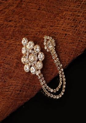 Gold Toned White Stone Studded American Diamond Statement Chain Small Brooch Lapel Pin