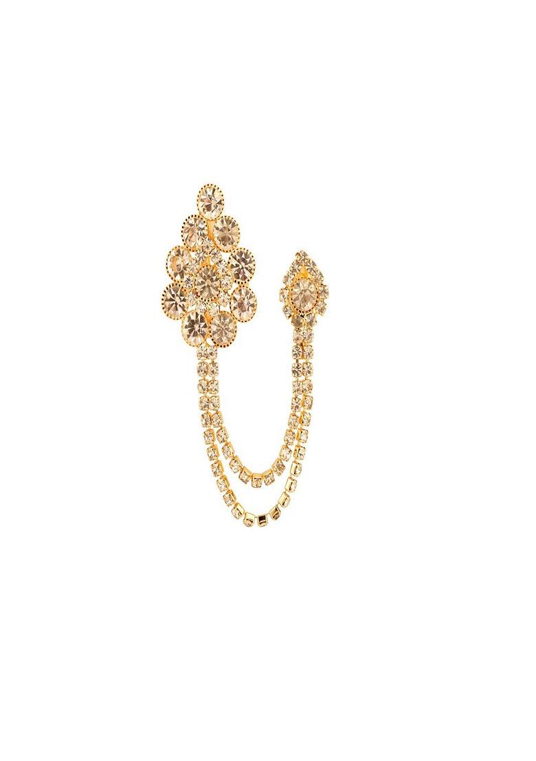 Gold Toned White Stone Studded American Diamond Statement Chain Small Brooch Lapel Pin