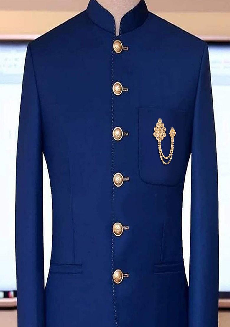 Gold Toned White Stone Studded American Diamond Statement Chain Small Brooch Lapel Pin