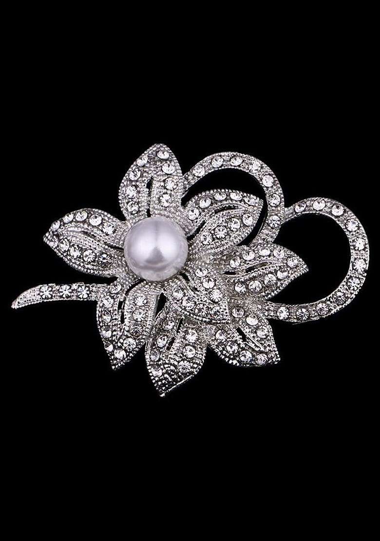 Stone Studded Flower Shaped Brooch - Indya